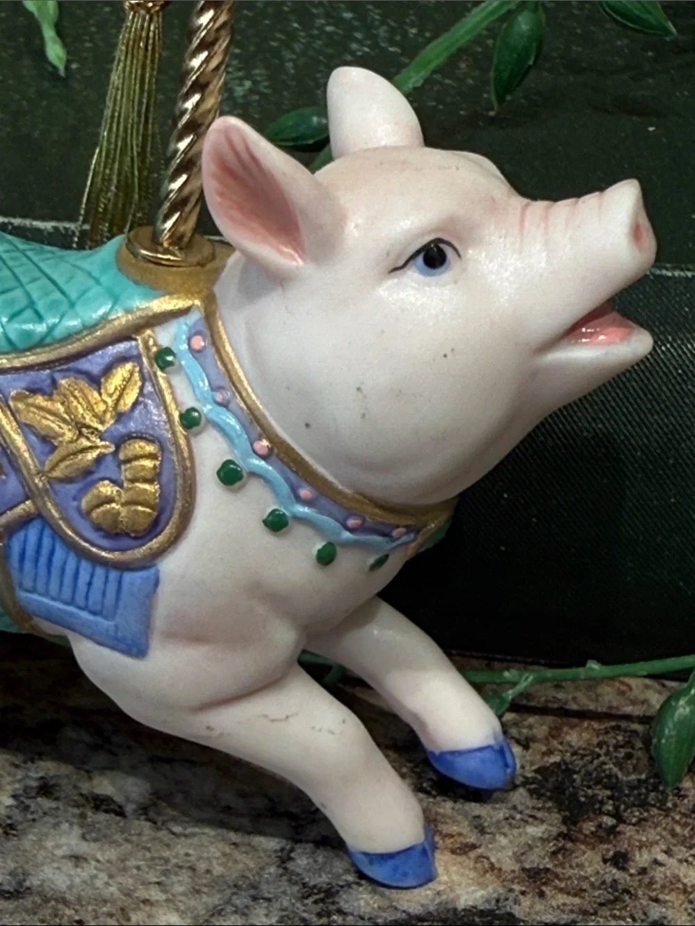 Lenox Pink Pig Carousel Ornament with Teal Saddle and Gold Trim